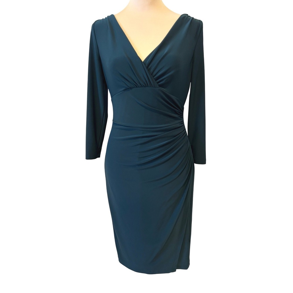 Lauren Ralph Lauren Dress Sz 2P Green Ruched Fairy V-Neck Sheath Career Holiday